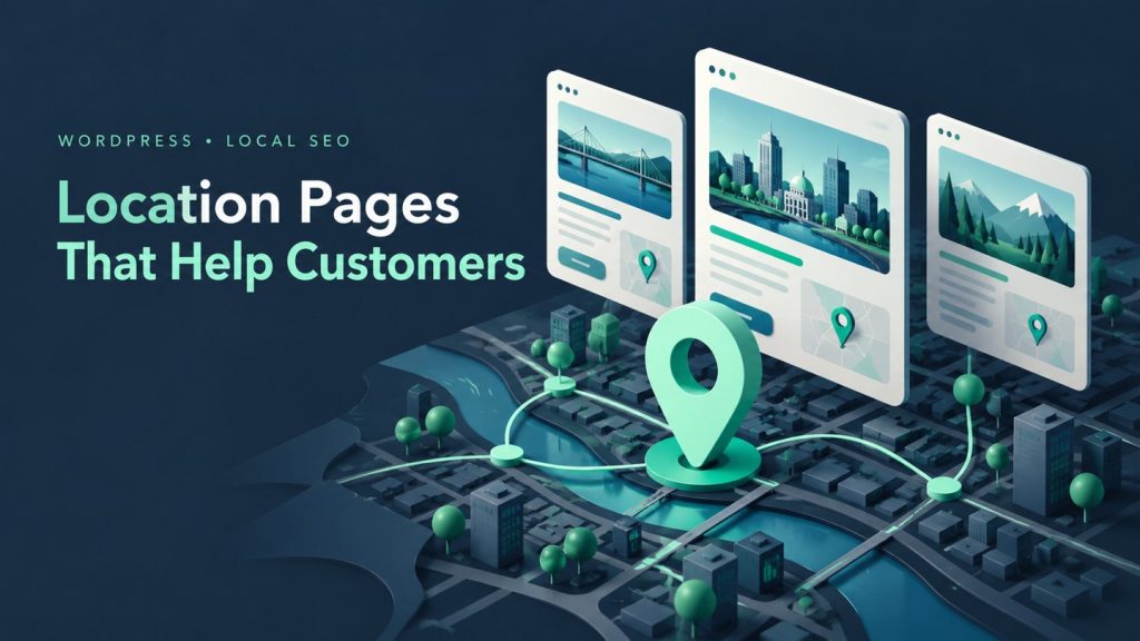 Location Pages That Help Customers — illustrated website pages and map pins for local SEO