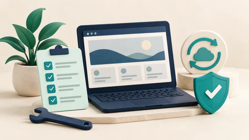 Laptop, maintenance checklist, backup symbol and security shield in Webgeek colours
