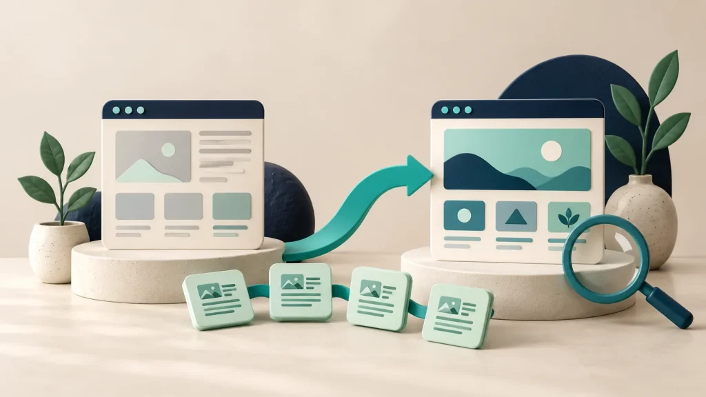 Old and redesigned website layouts connected by a redirect arrow