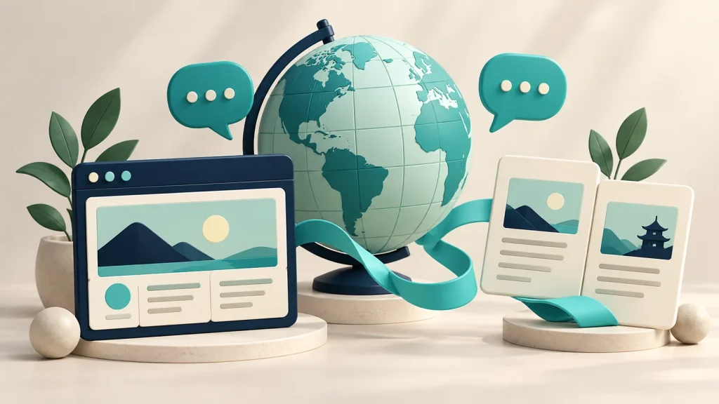 Website layouts, globe and speech bubbles representing multilingual content