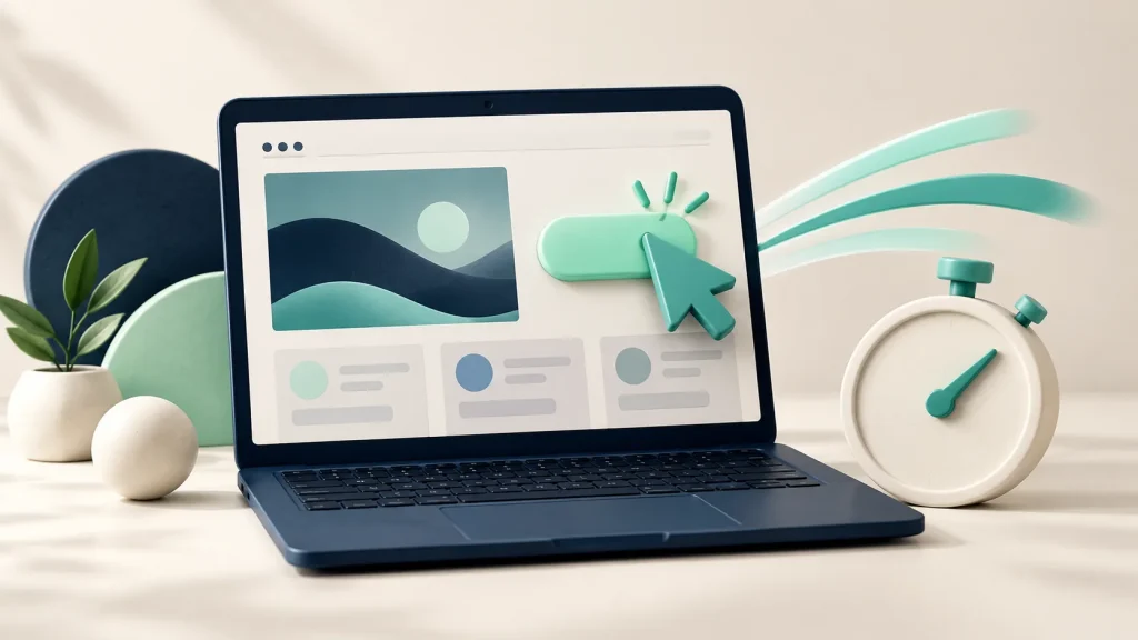 Fast website button interaction illustrated with a cursor and stopwatch