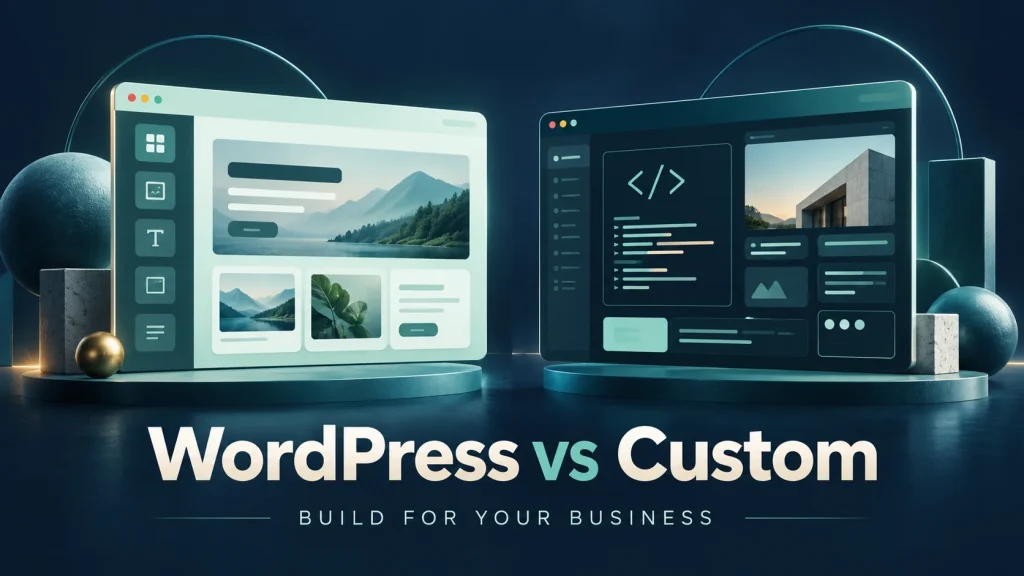 Illustration comparing a modular WordPress website with a custom-coded website, in navy, mint and teal.